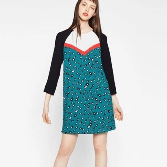 Zara Trafaluc Blue Leopard Print Sheath Dress Womens S Mini Long Sleeve Casual - Picture 1 of 7